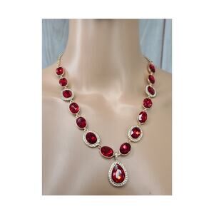 NWT Monet Gold-Tone Y-Necklace Ruby Red Glass & Clear Rhinestones 20" Adjustable